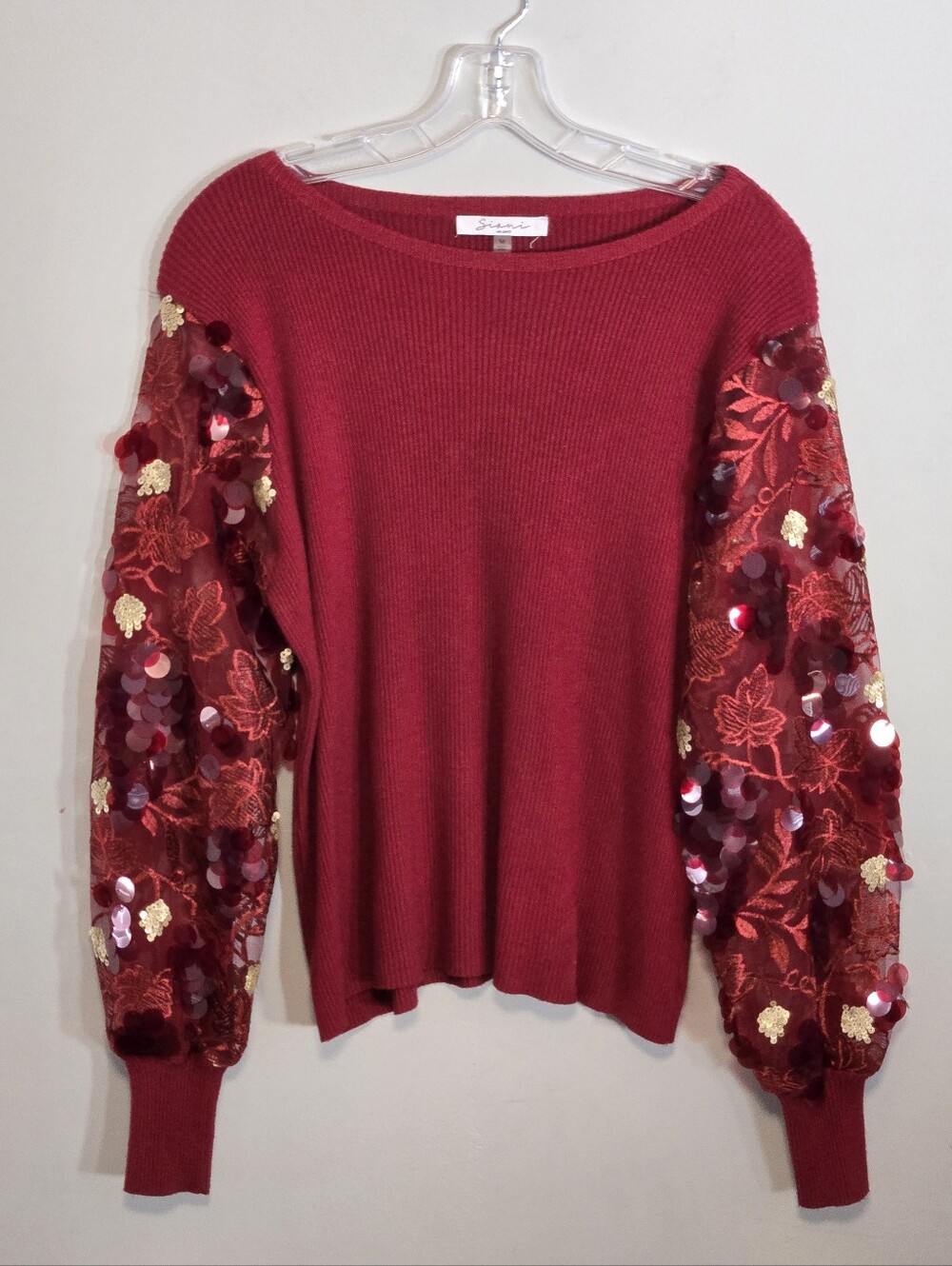Siani Milano Dark Red Ribbed Knit Sweater Sequin Women's Size M Lace Sleeve